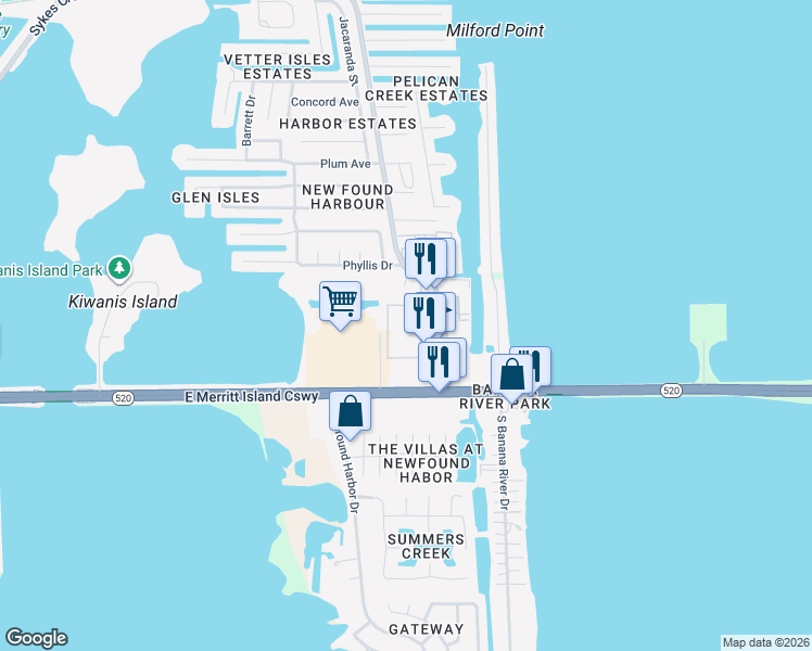 map of restaurants, bars, coffee shops, grocery stores, and more near in Merritt Island