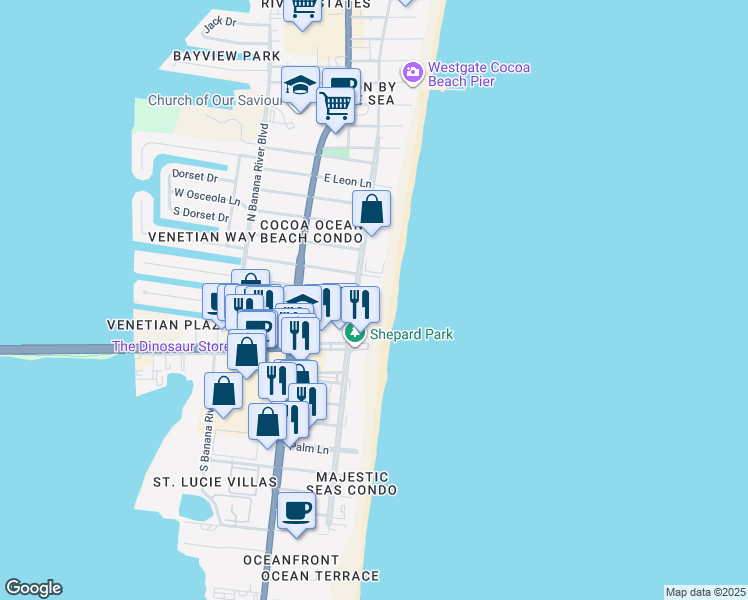 map of restaurants, bars, coffee shops, grocery stores, and more near 4570 Ocean Beach Boulevard in Cocoa Beach