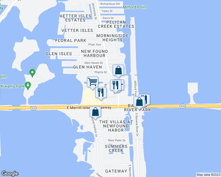 map of restaurants, bars, coffee shops, grocery stores, and more near in Merritt Island