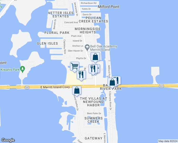 map of restaurants, bars, coffee shops, grocery stores, and more near in Merritt Island