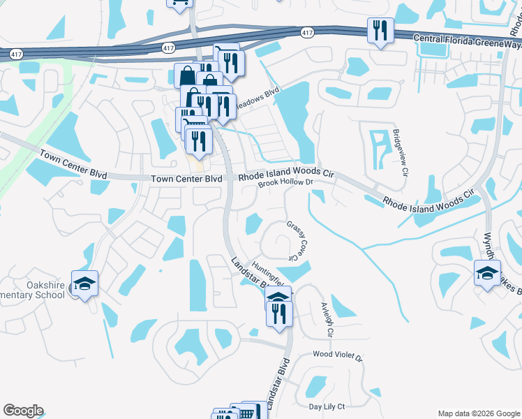 map of restaurants, bars, coffee shops, grocery stores, and more near 1505 Larks Nest Court in Orlando
