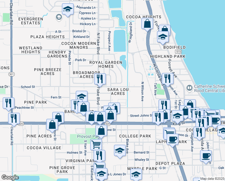 map of restaurants, bars, coffee shops, grocery stores, and more near 302 Prospect Avenue in Cocoa