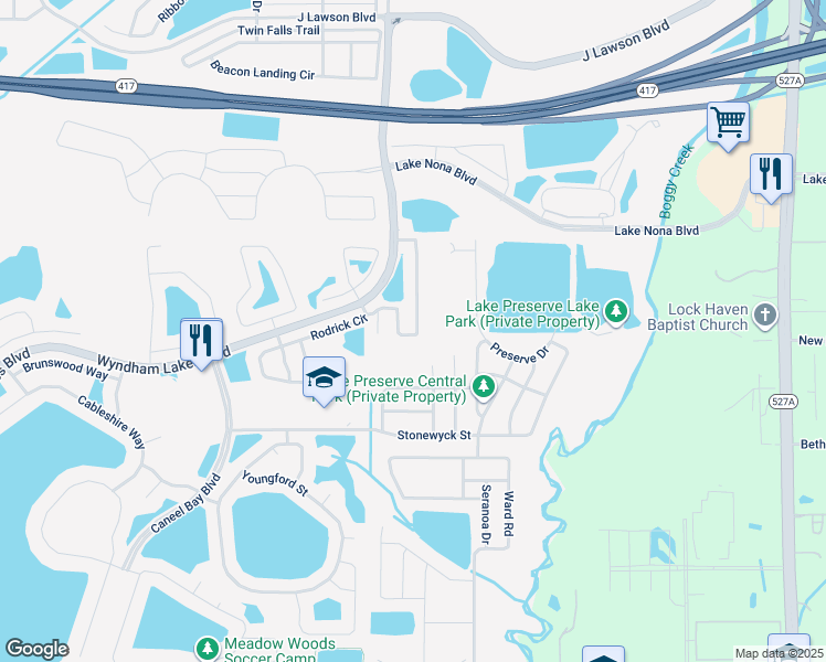map of restaurants, bars, coffee shops, grocery stores, and more near 15198 Harrington Cove Drive in Orlando