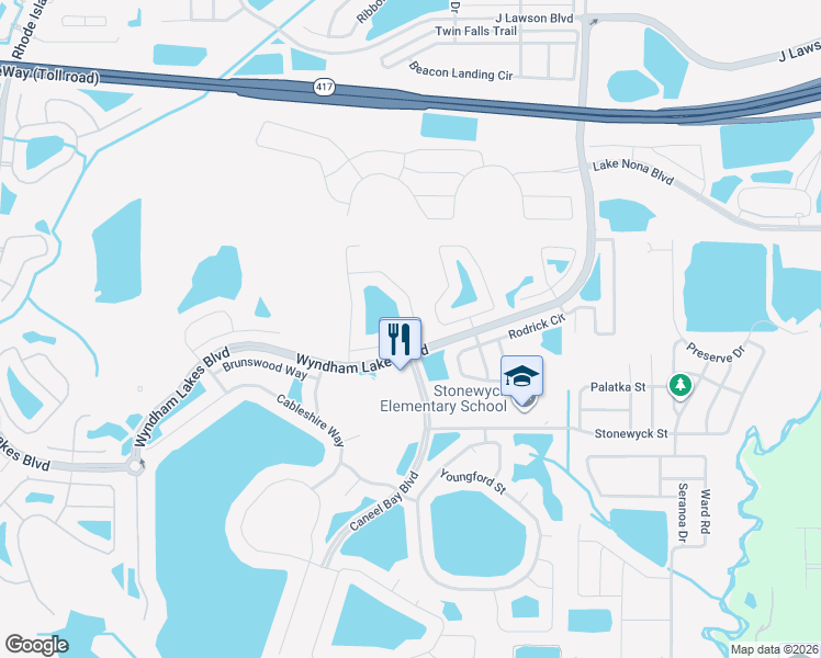 map of restaurants, bars, coffee shops, grocery stores, and more near 14933 Braywood Trail in Orlando