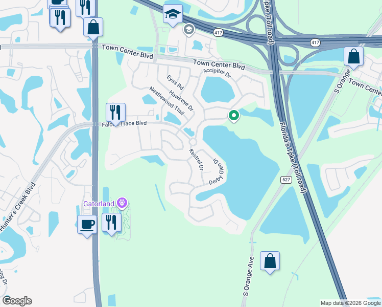 map of restaurants, bars, coffee shops, grocery stores, and more near 1883 Derby Glen Drive in Orlando