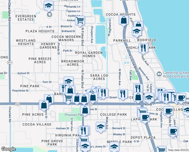 map of restaurants, bars, coffee shops, grocery stores, and more near 302 Prospect Avenue in Cocoa