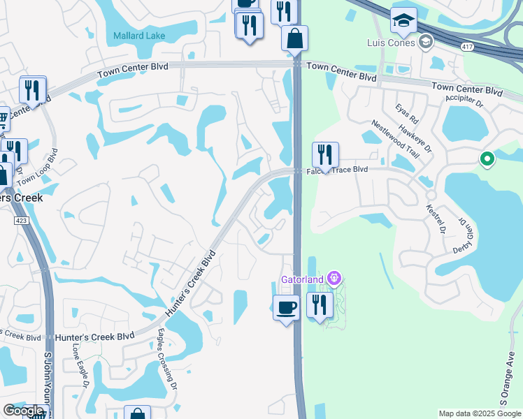 map of restaurants, bars, coffee shops, grocery stores, and more near 14201 Fredricksburg Drive in Orlando