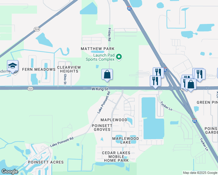 map of restaurants, bars, coffee shops, grocery stores, and more near Florida 520 & Friday Road in Cocoa