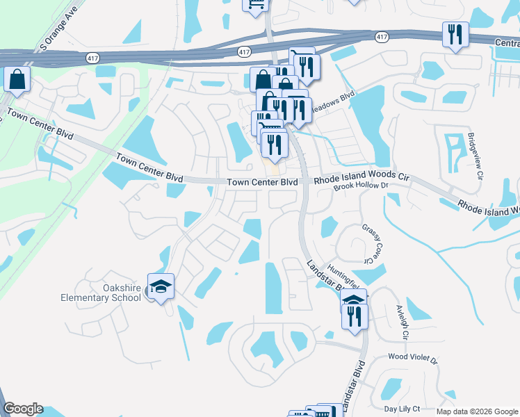 map of restaurants, bars, coffee shops, grocery stores, and more near 1165 Lucaya Circle in Orlando