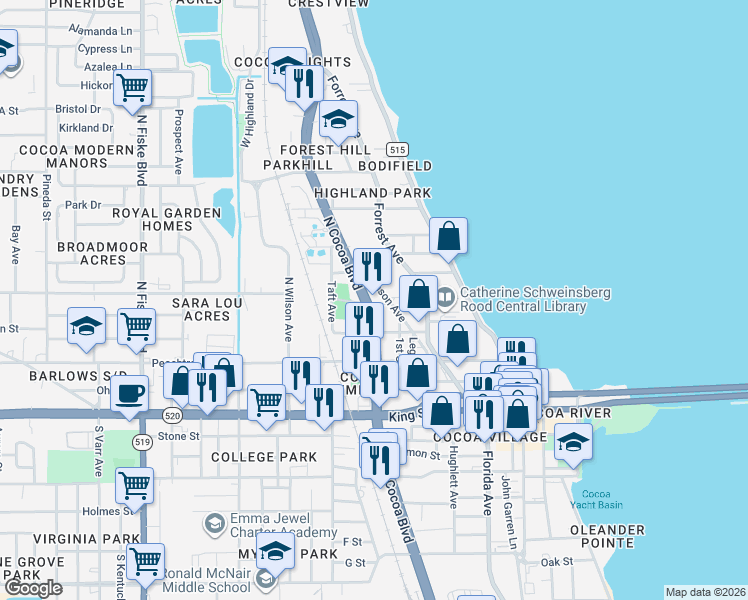 map of restaurants, bars, coffee shops, grocery stores, and more near 400 North Cocoa Boulevard in Cocoa