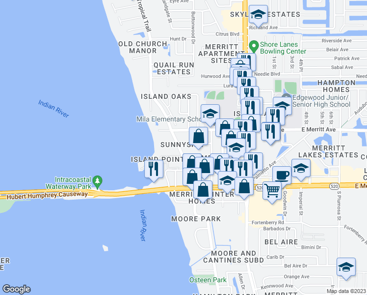 map of restaurants, bars, coffee shops, grocery stores, and more near 236 North Tropical Trail in Merritt Island