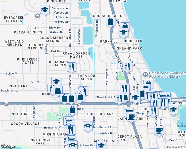 map of restaurants, bars, coffee shops, grocery stores, and more near 625 School Street in Cocoa
