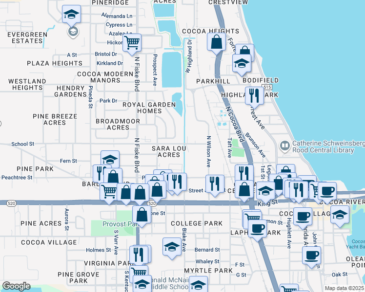 map of restaurants, bars, coffee shops, grocery stores, and more near 801 Eden Street in Cocoa