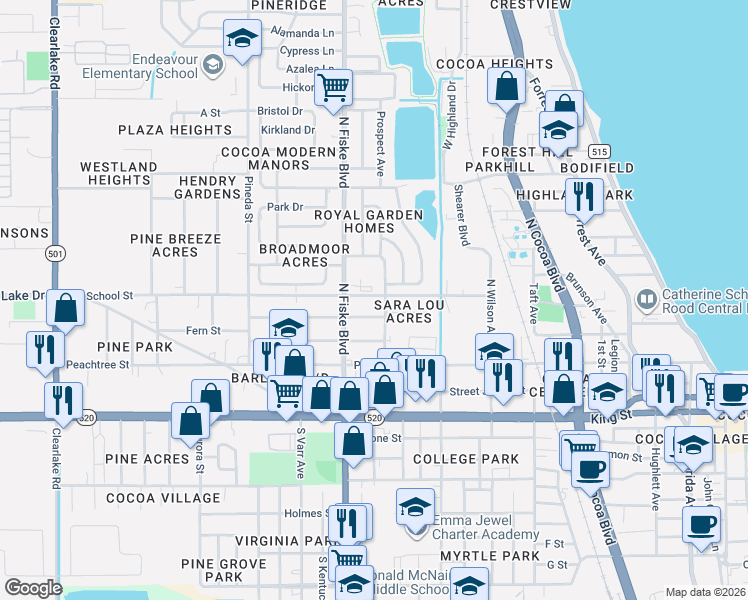 map of restaurants, bars, coffee shops, grocery stores, and more near 931 School Street in Cocoa