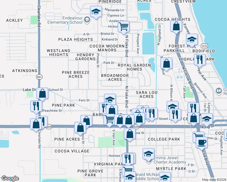 map of restaurants, bars, coffee shops, grocery stores, and more near 1059 School Street in Cocoa