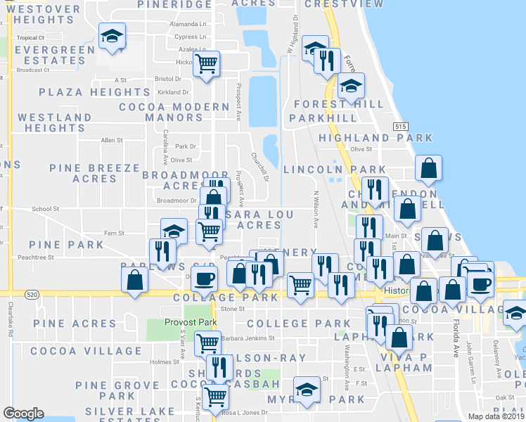 map of restaurants, bars, coffee shops, grocery stores, and more near 647 School Street in Cocoa