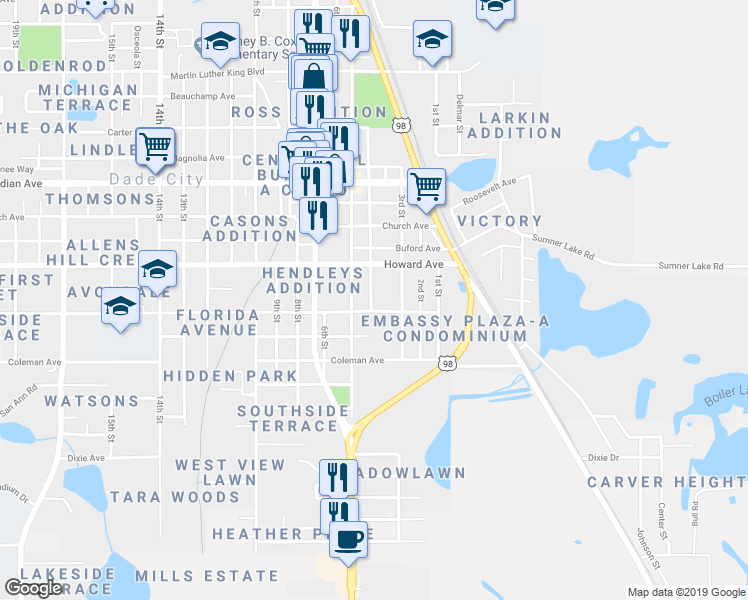 map of restaurants, bars, coffee shops, grocery stores, and more near 13848 4th Street in Dade City