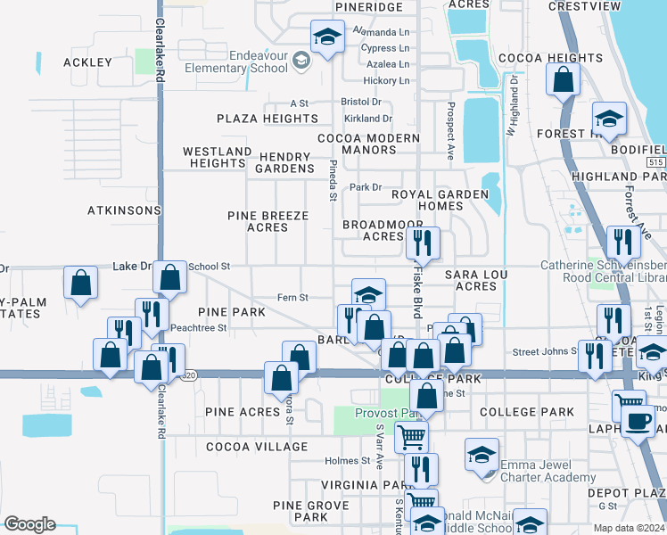 map of restaurants, bars, coffee shops, grocery stores, and more near 305 North Georgia Avenue in Cocoa