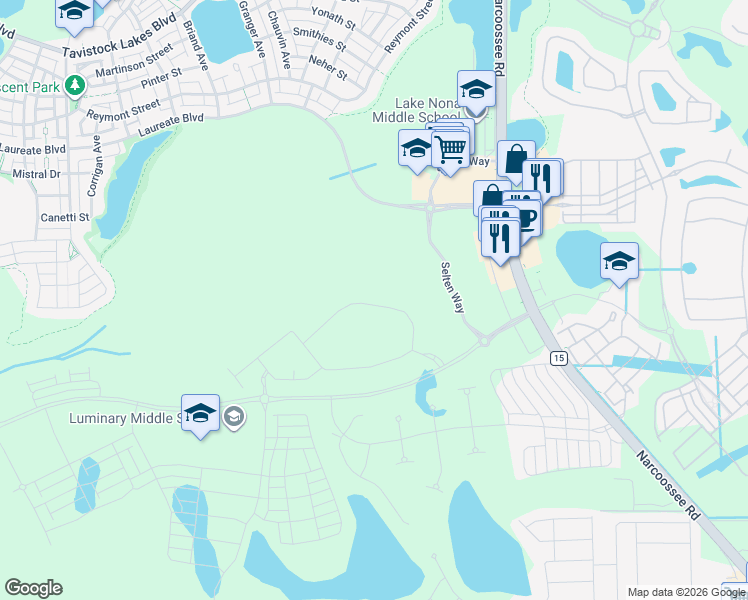 map of restaurants, bars, coffee shops, grocery stores, and more near Laureate Boulevard in Orlando