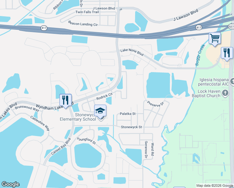 map of restaurants, bars, coffee shops, grocery stores, and more near 15201 Great Bay Lane in Orlando