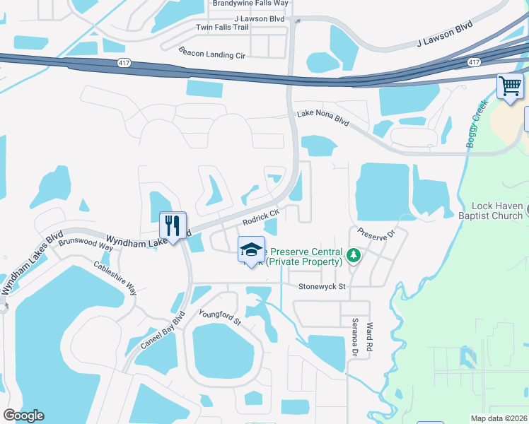 map of restaurants, bars, coffee shops, grocery stores, and more near 3224 Rodrick Circle in Orlando