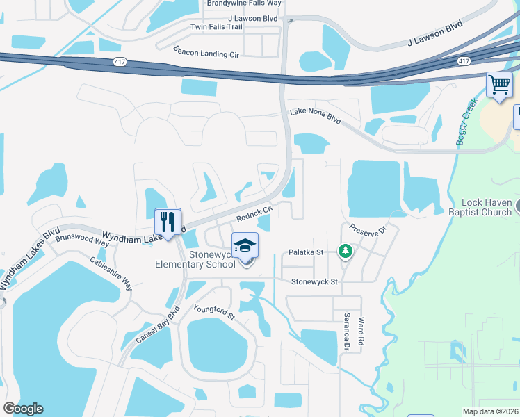 map of restaurants, bars, coffee shops, grocery stores, and more near 3224 Rodrick Circle in Orlando