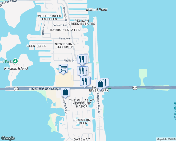 map of restaurants, bars, coffee shops, grocery stores, and more near 250 North Banana River Drive in Merritt Island