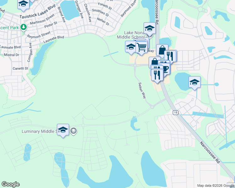 map of restaurants, bars, coffee shops, grocery stores, and more near Laureate Boulevard in Orlando