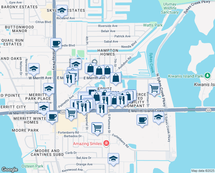 map of restaurants, bars, coffee shops, grocery stores, and more near 243 North Plumosa Street in Merritt Island