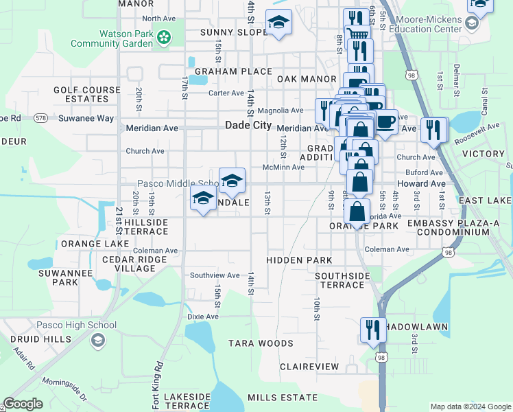 map of restaurants, bars, coffee shops, grocery stores, and more near 13922 14th Street in Dade City
