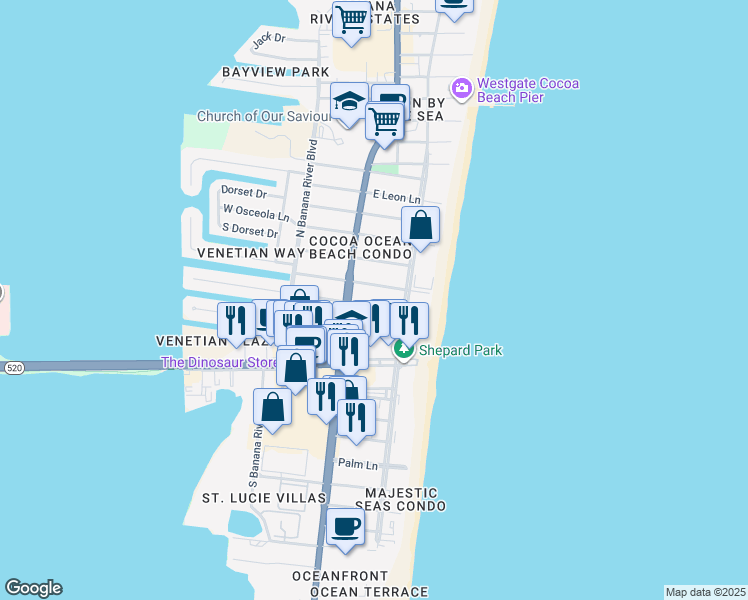 map of restaurants, bars, coffee shops, grocery stores, and more near 124 East Suwannee Lane in Cocoa Beach