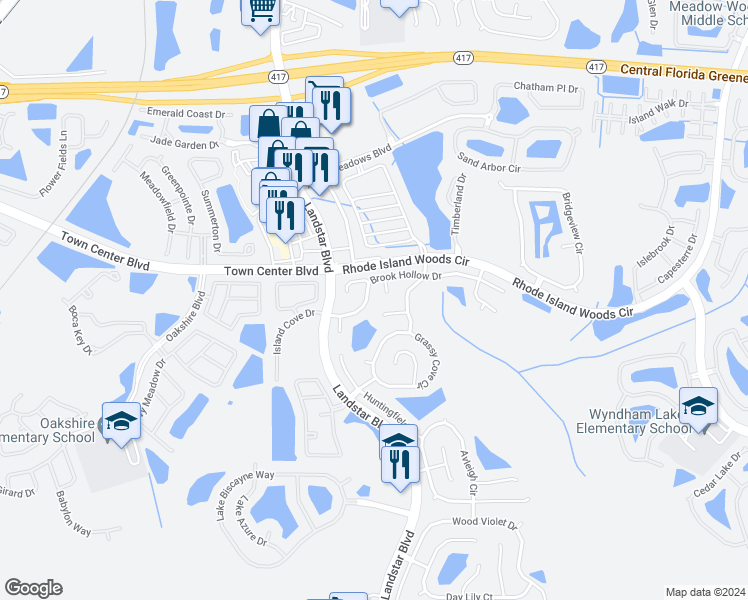 map of restaurants, bars, coffee shops, grocery stores, and more near 1444 Brook Hollow Drive in Orlando