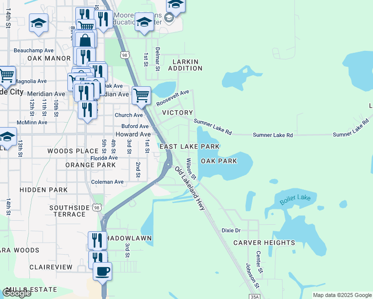 map of restaurants, bars, coffee shops, grocery stores, and more near 13917 Wilson Street in Dade City