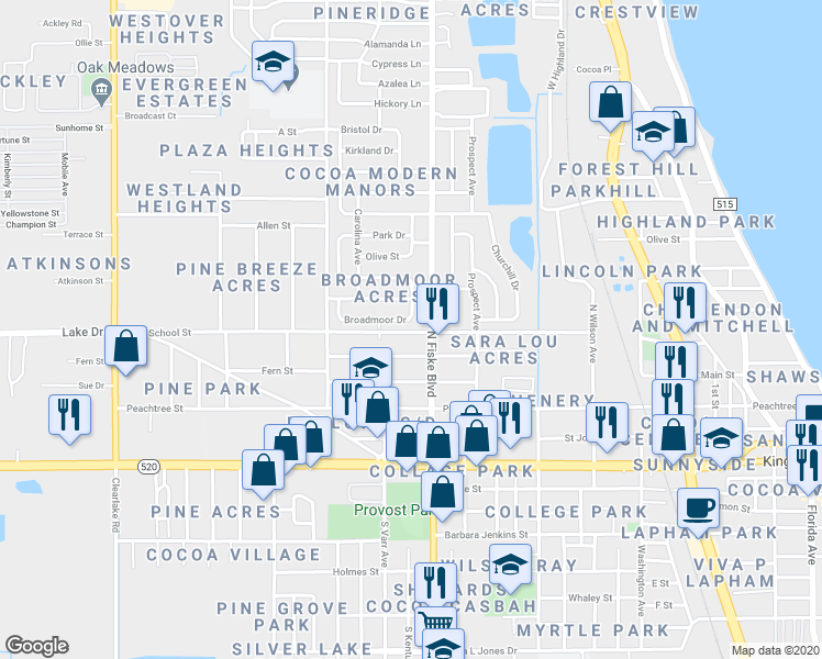 map of restaurants, bars, coffee shops, grocery stores, and more near 1043 Broadmoor Drive in Cocoa