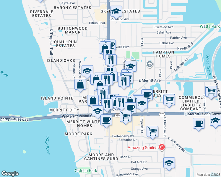 map of restaurants, bars, coffee shops, grocery stores, and more near 250 Florida 3 in Merritt Island