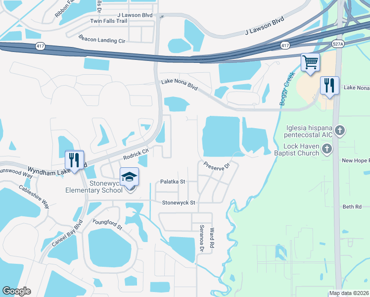 map of restaurants, bars, coffee shops, grocery stores, and more near 14169 Ward Road in Orlando