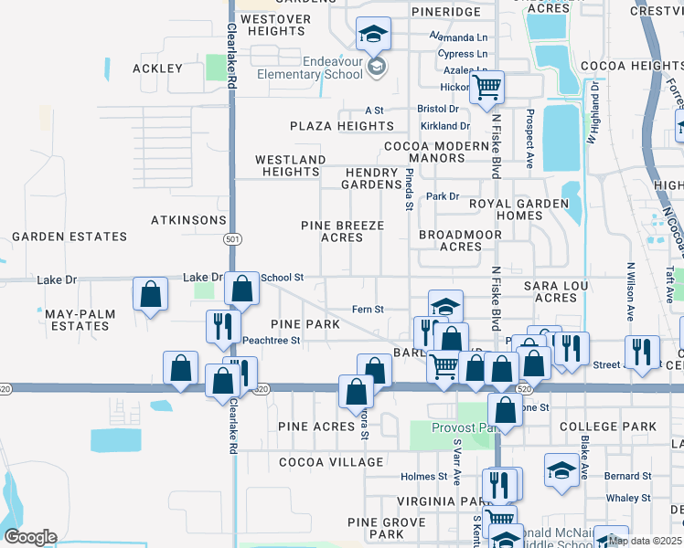 map of restaurants, bars, coffee shops, grocery stores, and more near 301 Pine Avenue in Cocoa