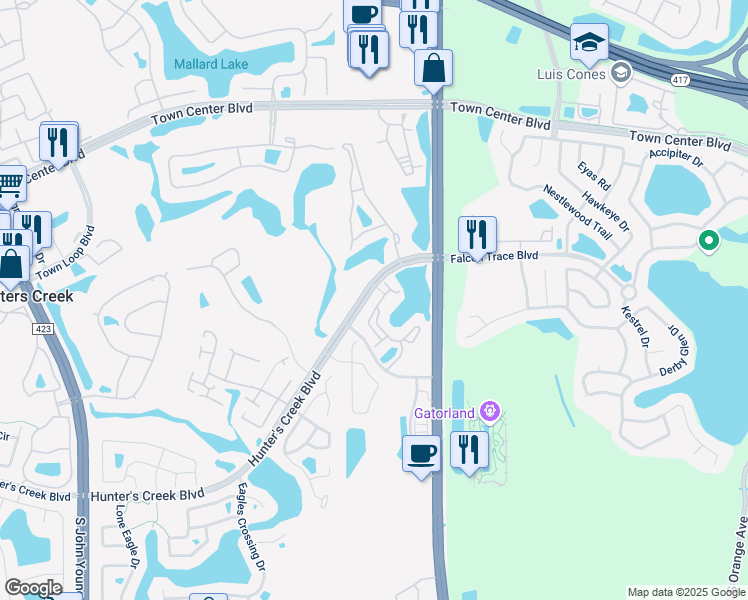 map of restaurants, bars, coffee shops, grocery stores, and more near 14201 Fredricksburg Drive in Orlando