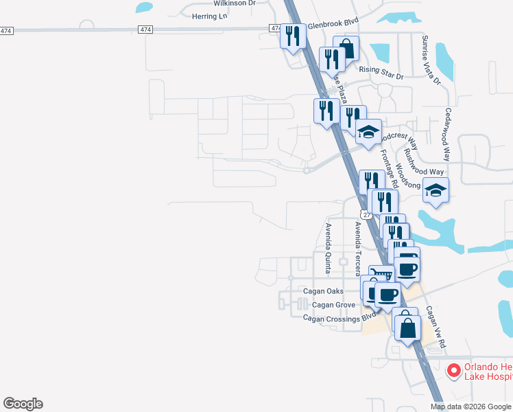 map of restaurants, bars, coffee shops, grocery stores, and more near 700 Avenida Cuarta in Clermont
