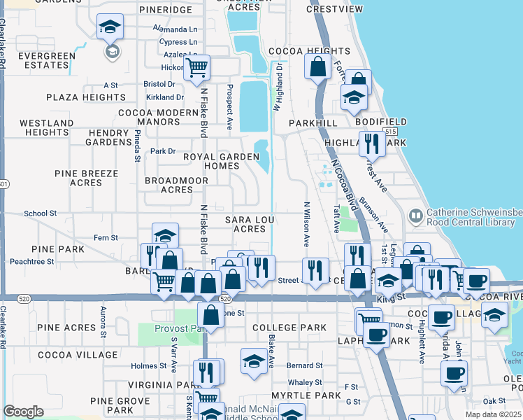 map of restaurants, bars, coffee shops, grocery stores, and more near 801 Eden Street in Cocoa