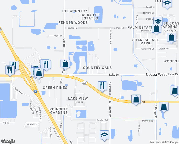 map of restaurants, bars, coffee shops, grocery stores, and more near 308 Sun Dial Court in Cocoa