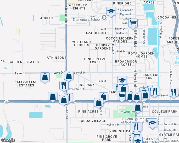 map of restaurants, bars, coffee shops, grocery stores, and more near 304 Palm Avenue in Cocoa