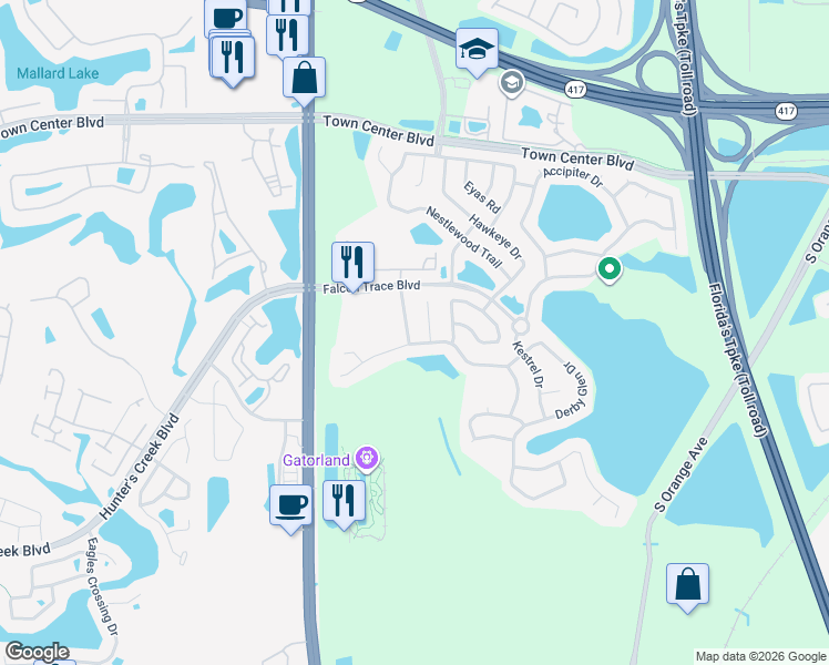 map of restaurants, bars, coffee shops, grocery stores, and more near 13845 Amberleigh Road in Orlando