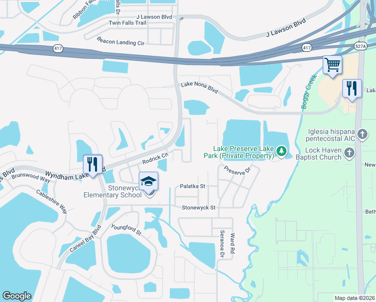 map of restaurants, bars, coffee shops, grocery stores, and more near 15198 Harrington Cove Drive in Orlando