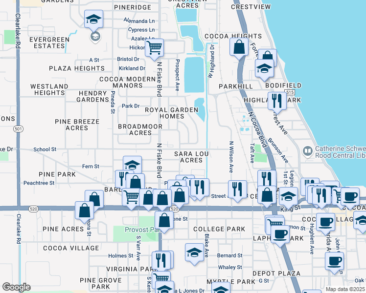 map of restaurants, bars, coffee shops, grocery stores, and more near 302 Prospect Avenue in Cocoa