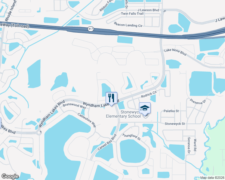 map of restaurants, bars, coffee shops, grocery stores, and more near 15017 Braywood Trail in Orlando