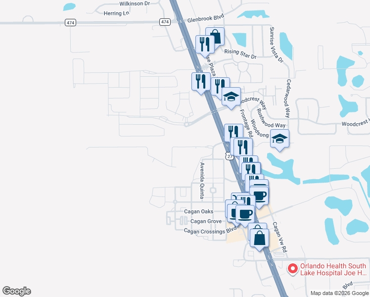 map of restaurants, bars, coffee shops, grocery stores, and more near 899 Avenida Quinta in Clermont