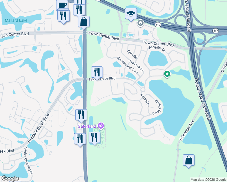 map of restaurants, bars, coffee shops, grocery stores, and more near 13845 Amberleigh Road in Orlando