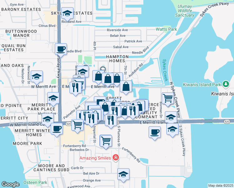 map of restaurants, bars, coffee shops, grocery stores, and more near 243 North Plumosa Street in Merritt Island