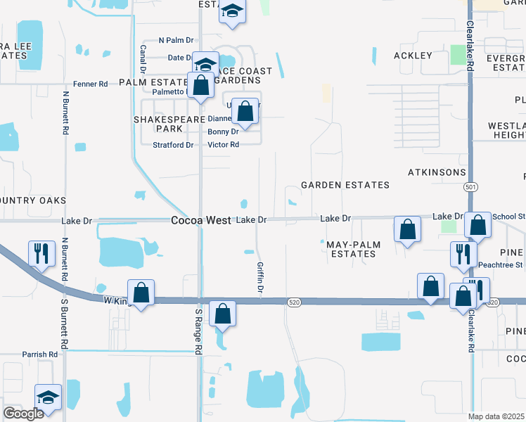 map of restaurants, bars, coffee shops, grocery stores, and more near 305 Woods Lake Drive in Cocoa